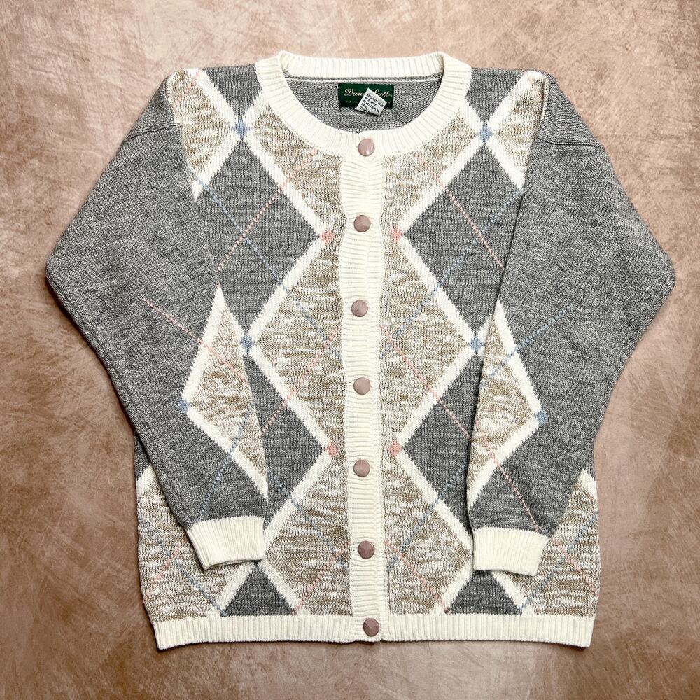 Vintage 90s Dana Scott Argyle Diamond Knit Sweater Cardigan Multicolor Preppy